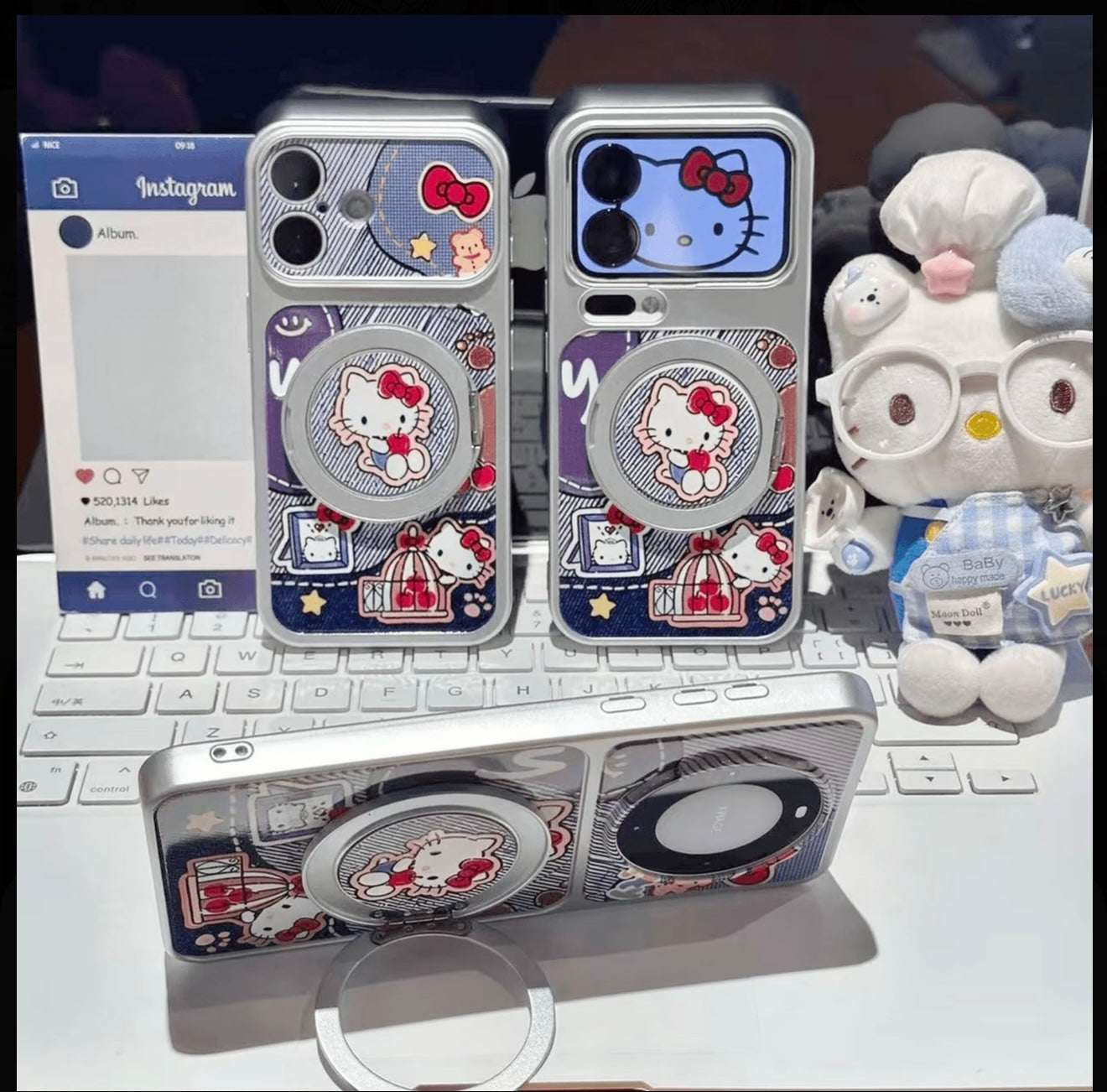 Denim Style Hello Kitty Phone Case with 360° Rotating Magnetic Ring Stand, Cute Cartoon Shockproof Protective Cover with Full Camera Protection