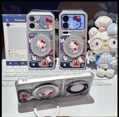 Denim Style Hello Kitty Phone Case with 360° Rotating Magnetic Ring Stand, Cute Cartoon Shockproof Protective Cover with Full Camera Protection
