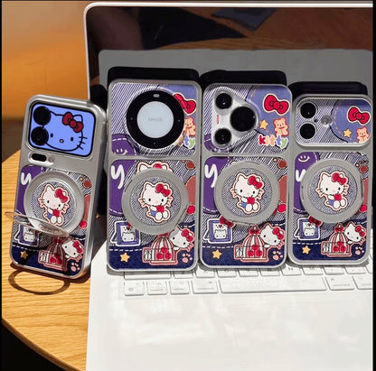 Denim Style Hello Kitty Phone Case with 360° Rotating Magnetic Ring Stand, Cute Cartoon Shockproof Protective Cover with Full Camera Protection