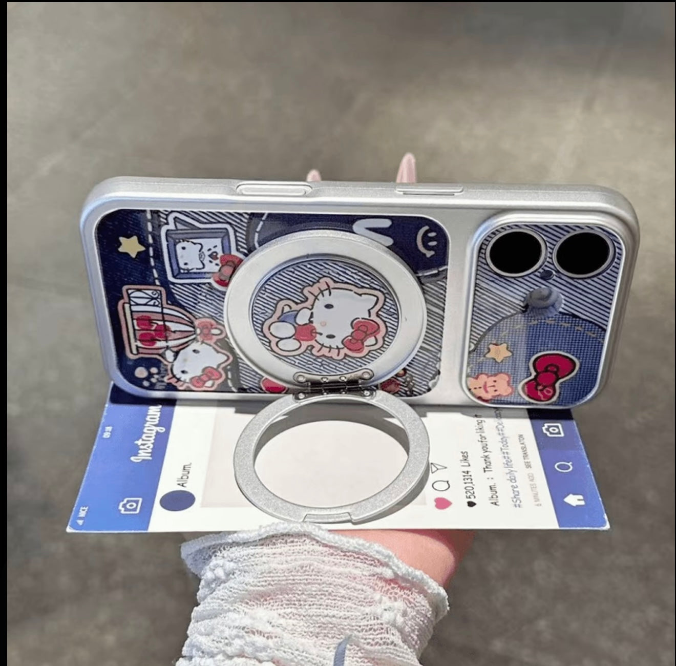 Denim Style Hello Kitty Phone Case with 360° Rotating Magnetic Ring Stand, Cute Cartoon Shockproof Protective Cover with Full Camera Protection