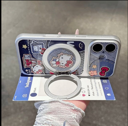 Denim Style Hello Kitty Phone Case with 360° Rotating Magnetic Ring Stand, Cute Cartoon Shockproof Protective Cover with Full Camera Protection