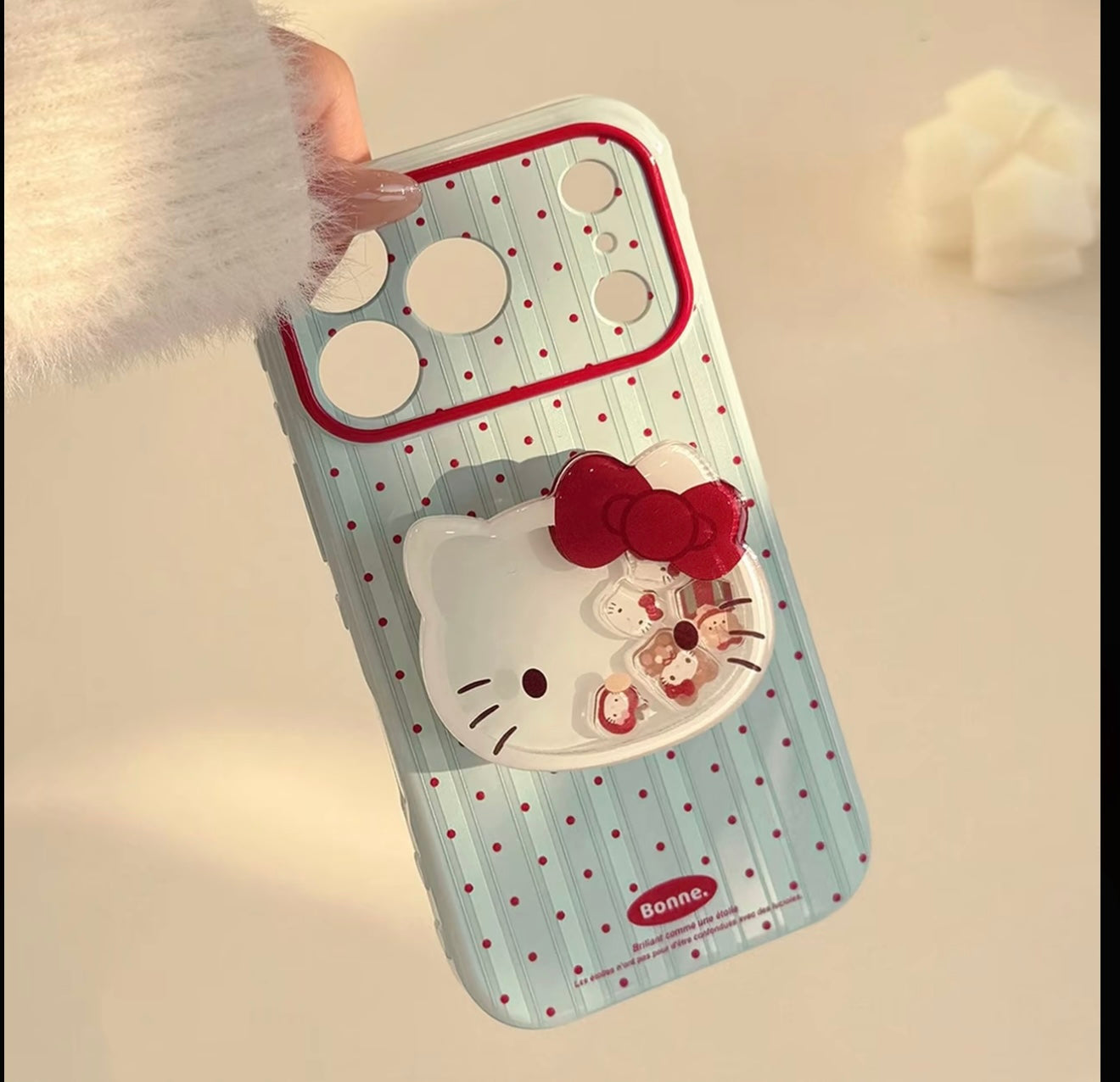 Hello Kitty Polka Dot Stripe Phone Case with Pop Stand & Plaid Flower Wrist Lanyard, Cute Shockproof Protective Cover with Full Camera Protection for iPhone