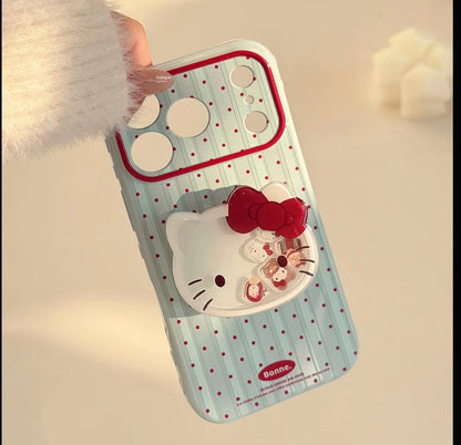Hello Kitty Polka Dot Stripe Phone Case with Pop Stand & Plaid Flower Wrist Lanyard, Cute Shockproof Protective Cover with Full Camera Protection for iPhone