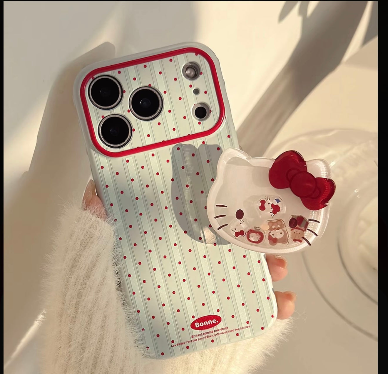 Hello Kitty Polka Dot Stripe Phone Case with Pop Stand & Plaid Flower Wrist Lanyard, Cute Shockproof Protective Cover with Full Camera Protection for iPhone