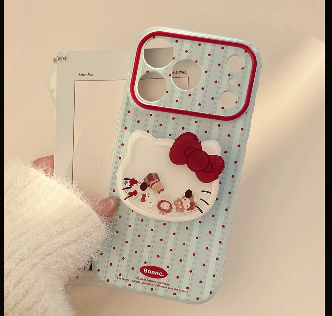 Hello Kitty Polka Dot Stripe Phone Case with Pop Stand & Plaid Flower Wrist Lanyard, Cute Shockproof Protective Cover with Full Camera Protection for iPhone