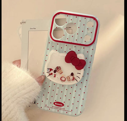Hello Kitty Polka Dot Stripe Phone Case with Pop Stand & Plaid Flower Wrist Lanyard, Cute Shockproof Protective Cover with Full Camera Protection for iPhone