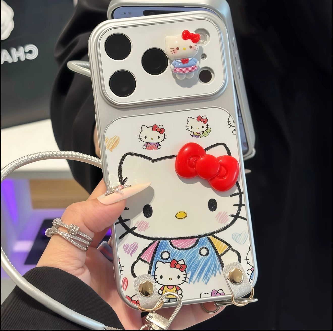 3D Bow Hello Kitty Phone Case with Wrist Lanyard, Anti-Fall Soft Silicone Cover, Cute Cartoon Sanrio Case for iPhone