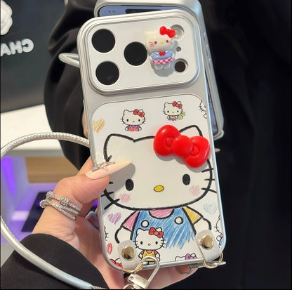 3D Bow Hello Kitty Phone Case with Wrist Lanyard, Anti-Fall Soft Silicone Cover, Cute Cartoon Sanrio Case for iPhone