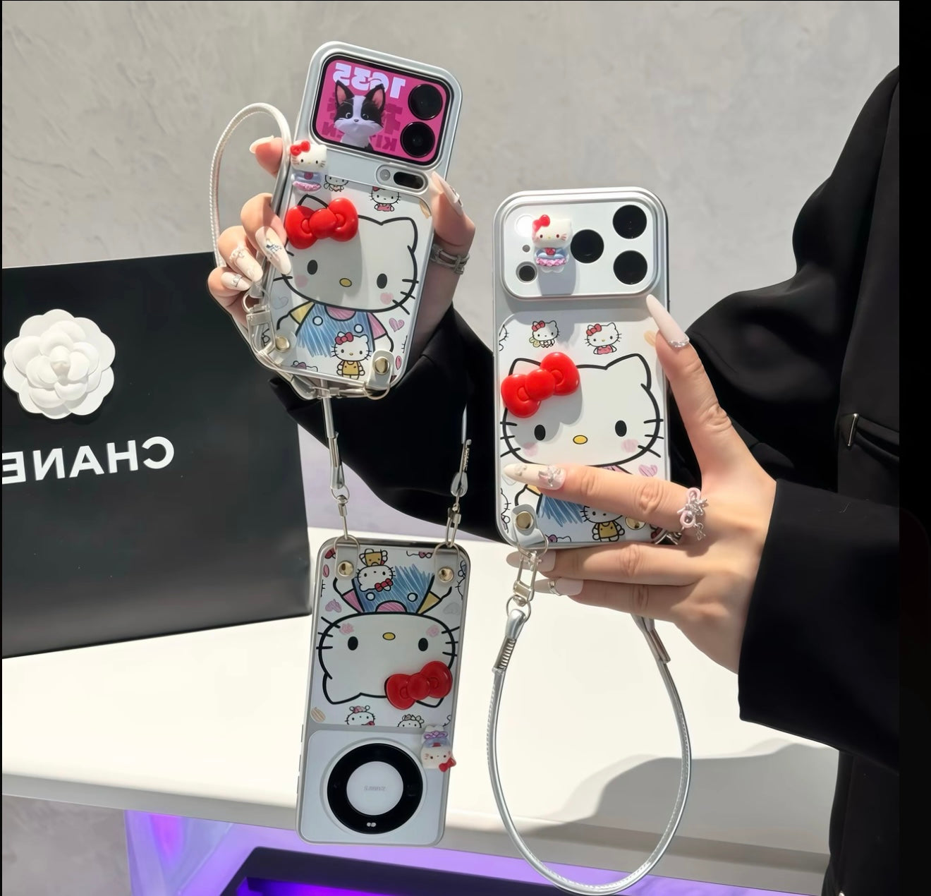 3D Bow Hello Kitty Phone Case with Wrist Lanyard, Anti-Fall Soft Silicone Cover, Cute Cartoon Sanrio Case for iPhone