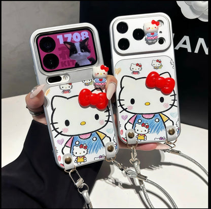3D Bow Hello Kitty Phone Case with Wrist Lanyard, Anti-Fall Soft Silicone Cover, Cute Cartoon Sanrio Case for iPhone