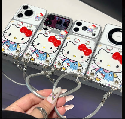 3D Bow Hello Kitty Phone Case with Wrist Lanyard, Anti-Fall Soft Silicone Cover, Cute Cartoon Sanrio Case for iPhone