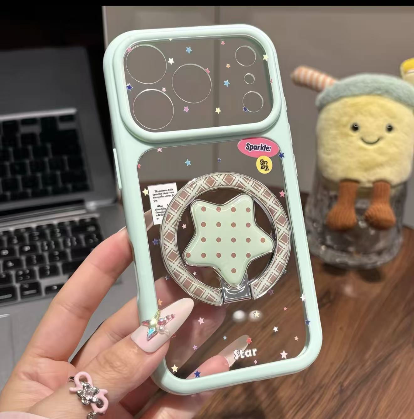 Adjustable Mirror Phone Kickstand Case, Sweet Star Design Compatible with iPhone Series, Support Vertical Reading & Horizontal Video Playback