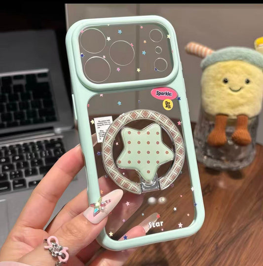 Adjustable Mirror Phone Kickstand Case, Sweet Star Design Compatible with iPhone Series, Support Vertical Reading & Horizontal Video Playback
