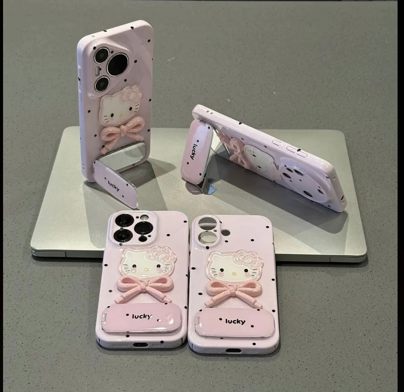 Cute Hello Kitty 3D Bow Mirror Stand Phone Case - Pink Polka Dot Lucky Folding Bracket Shockproof Cover for iPhone