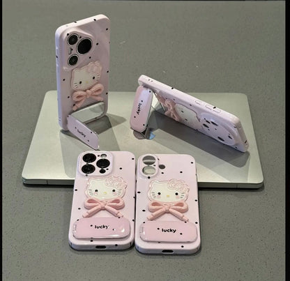 Cute Hello Kitty 3D Bow Mirror Stand Phone Case - Pink Polka Dot Lucky Folding Bracket Shockproof Cover for iPhone