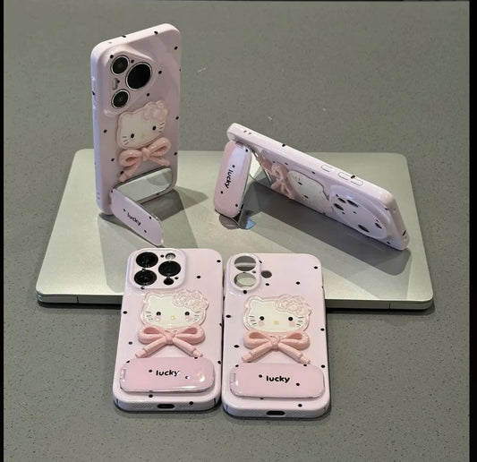 Cute Hello Kitty 3D Bow Mirror Stand Phone Case - Pink Polka Dot Lucky Folding Bracket Shockproof Cover for iPhone