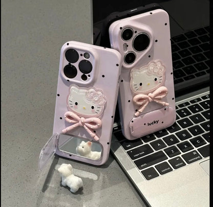 Cute Hello Kitty 3D Bow Mirror Stand Phone Case - Pink Polka Dot Lucky Folding Bracket Shockproof Cover for iPhone