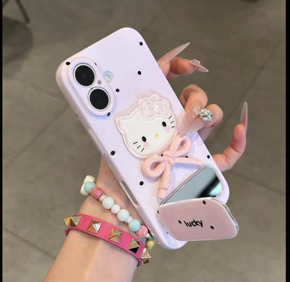 Cute Hello Kitty 3D Bow Mirror Stand Phone Case - Pink Polka Dot Lucky Folding Bracket Shockproof Cover for iPhone