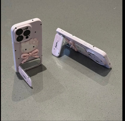 Cute Hello Kitty 3D Bow Mirror Stand Phone Case - Pink Polka Dot Lucky Folding Bracket Shockproof Cover for iPhone