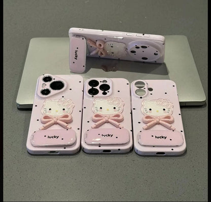 Cute Hello Kitty 3D Bow Mirror Stand Phone Case - Pink Polka Dot Lucky Folding Bracket Shockproof Cover for iPhone