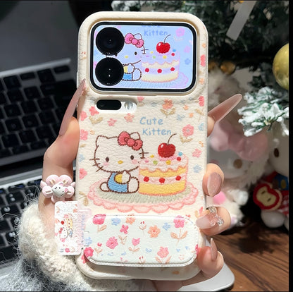 Cute Hello Kitty Floral Phone Case with Foldable Mirror Kickstand - Shockproof Protective Cover for iPhone