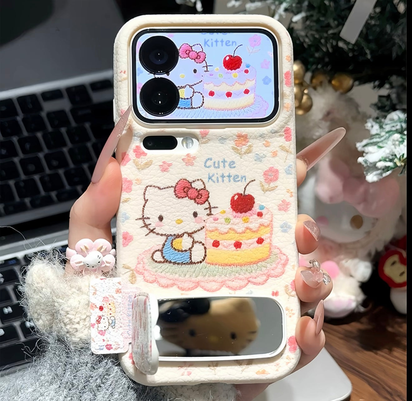 Cute Hello Kitty Floral Phone Case with Foldable Mirror Kickstand - Shockproof Protective Cover for iPhone