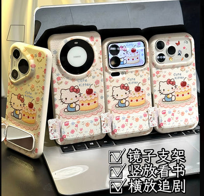 Cute Hello Kitty Floral Phone Case with Foldable Mirror Kickstand - Shockproof Protective Cover for iPhone