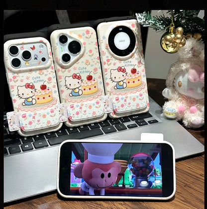 Cute Hello Kitty Floral Phone Case with Foldable Mirror Kickstand - Shockproof Protective Cover for iPhone