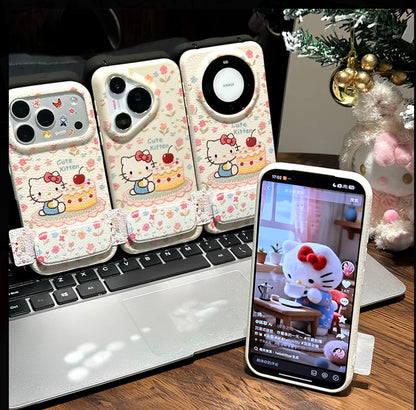 Cute Hello Kitty Floral Phone Case with Foldable Mirror Kickstand - Shockproof Protective Cover for iPhone