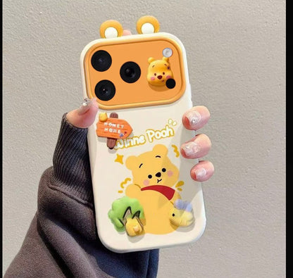 Cute Disney Winnie the Pooh & Lotso Bear Phone Case with 3D Ears Camera Frame & Wrist Strap, Clear Shockproof Protective Cover for iPhone