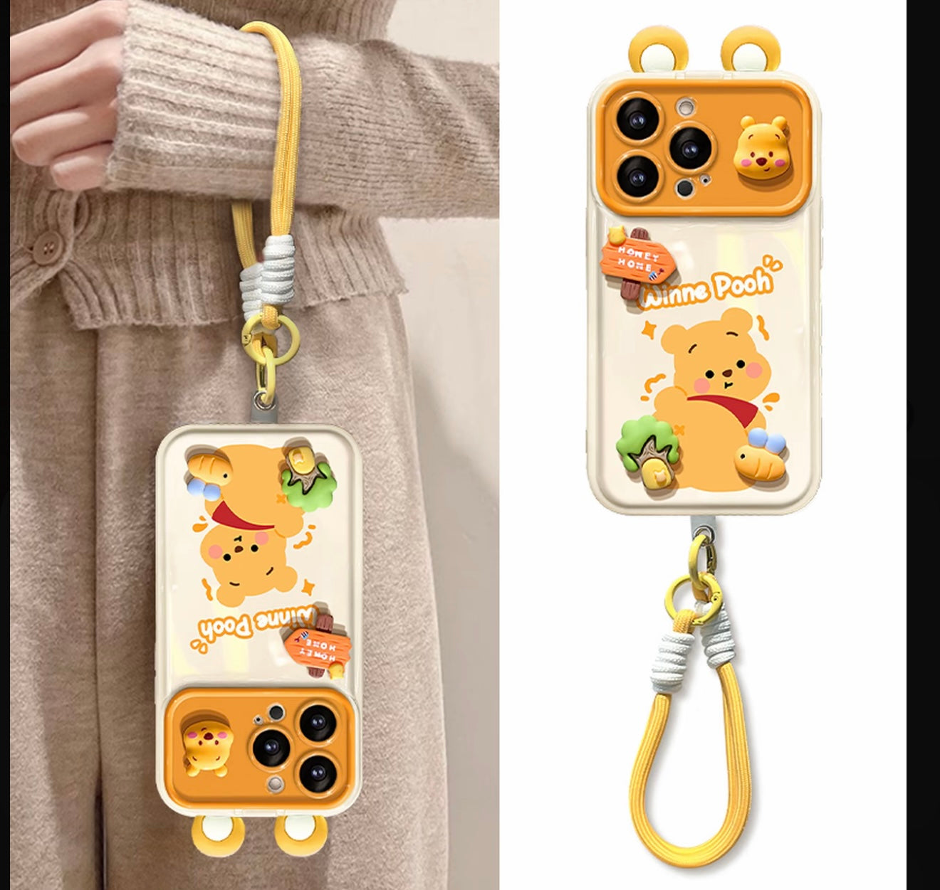 Cute Disney Winnie the Pooh & Lotso Bear Phone Case with 3D Ears Camera Frame & Wrist Strap, Clear Shockproof Protective Cover for iPhone