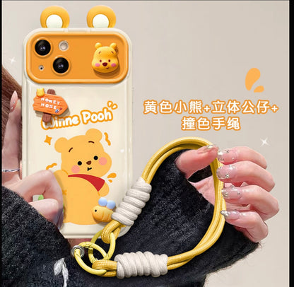 Cute Disney Winnie the Pooh & Lotso Bear Phone Case with 3D Ears Camera Frame & Wrist Strap, Clear Shockproof Protective Cover for iPhone