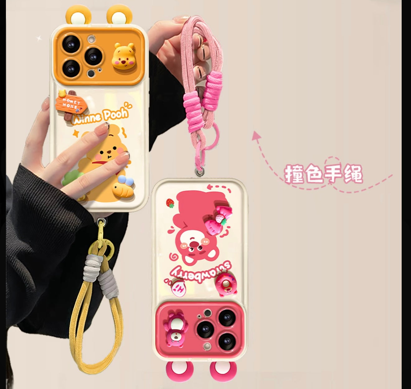 Cute Disney Winnie the Pooh & Lotso Bear Phone Case with 3D Ears Camera Frame & Wrist Strap, Clear Shockproof Protective Cover for iPhone