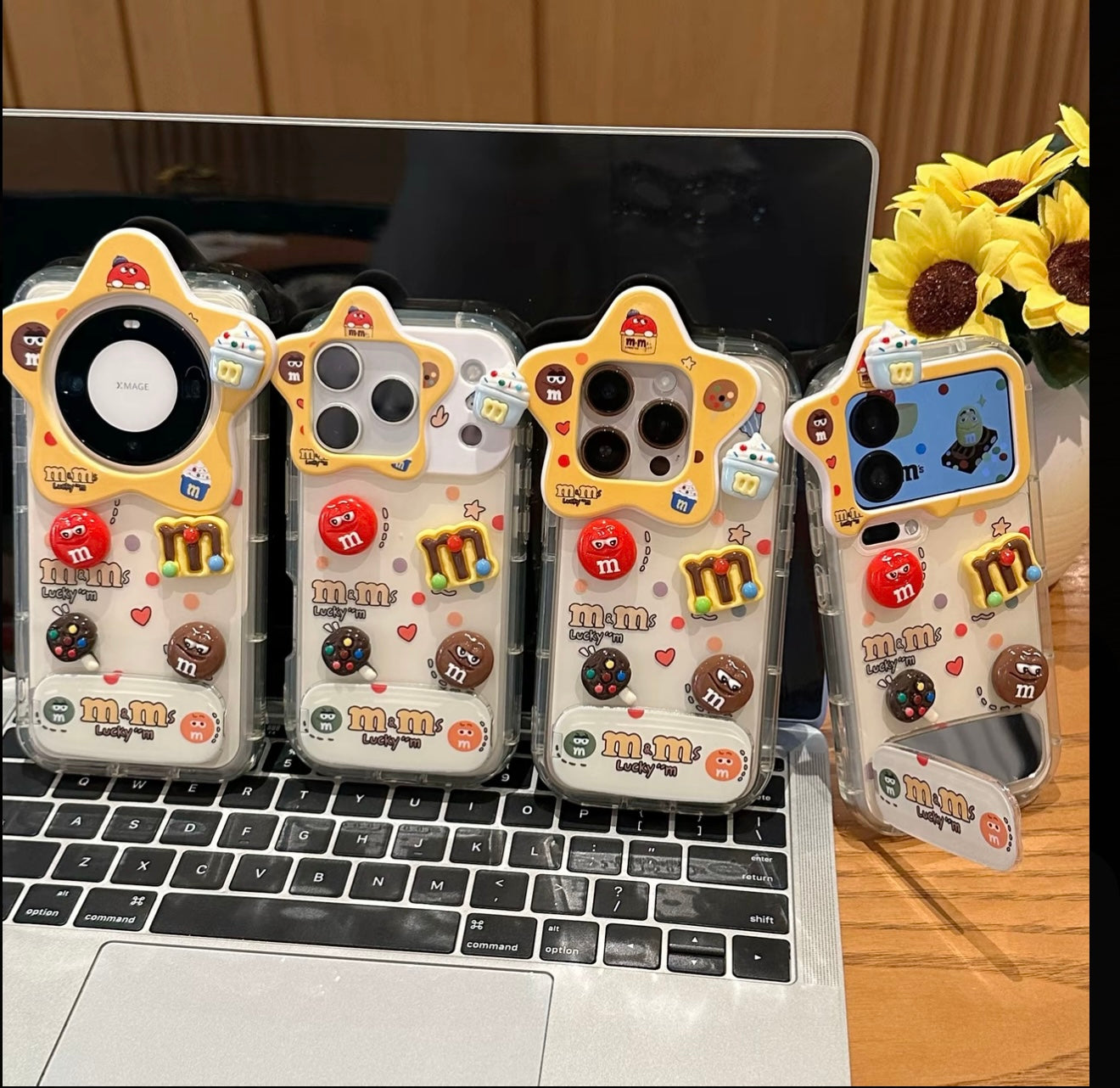 Cute 3D M&M’s Candy Phone Case with Star Camera Frame, Clear TPU Anti-Fall Cover with Foldable Stand & Mirror for iPhone