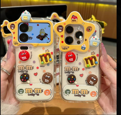 Cute 3D M&M’s Candy Phone Case with Star Camera Frame, Clear TPU Anti-Fall Cover with Foldable Stand & Mirror for iPhone
