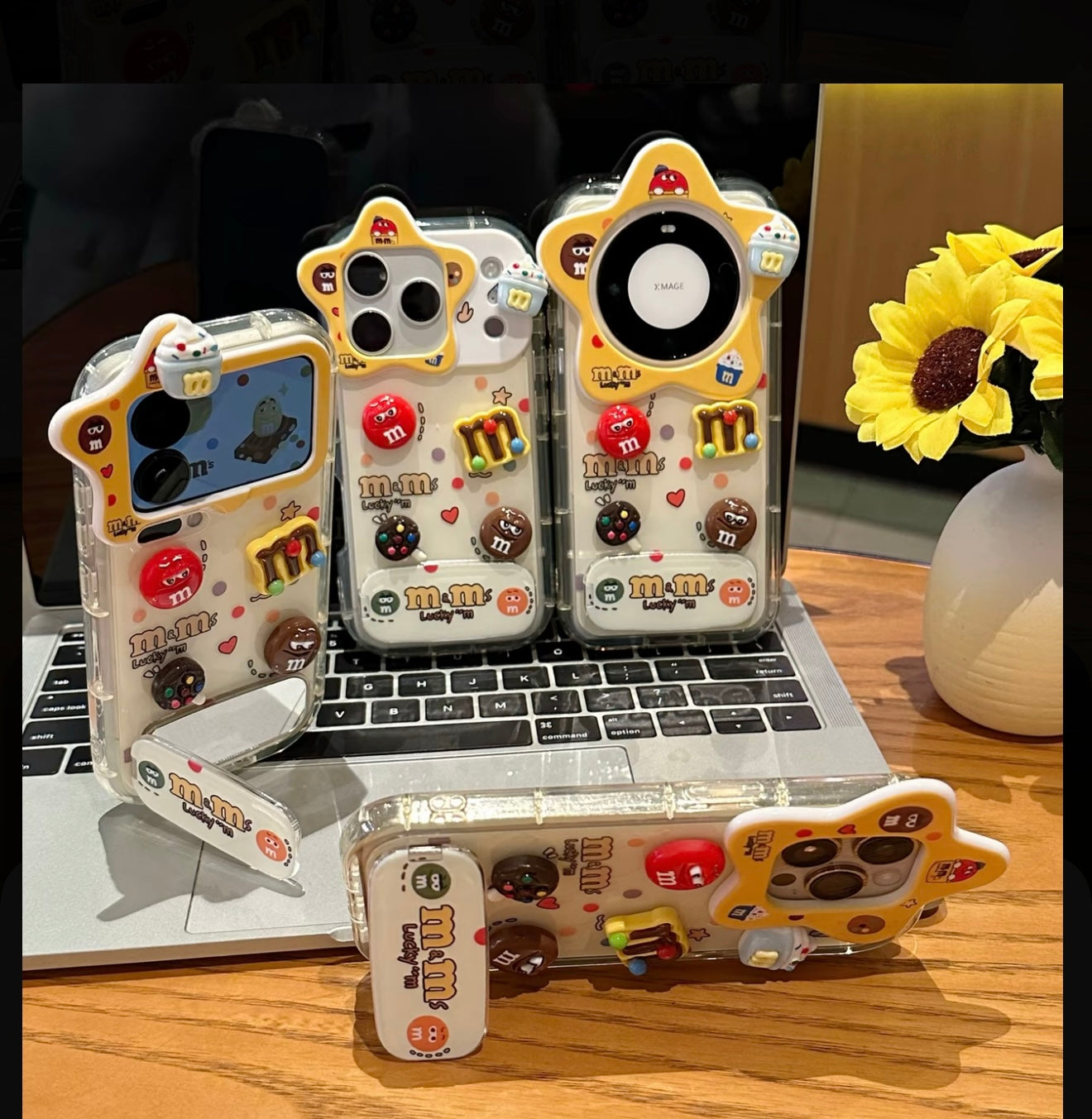 Cute 3D M&M’s Candy Phone Case with Star Camera Frame, Clear TPU Anti-Fall Cover with Foldable Stand & Mirror for iPhone