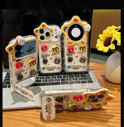 Cute 3D M&M’s Candy Phone Case with Star Camera Frame, Clear TPU Anti-Fall Cover with Foldable Stand & Mirror for iPhone