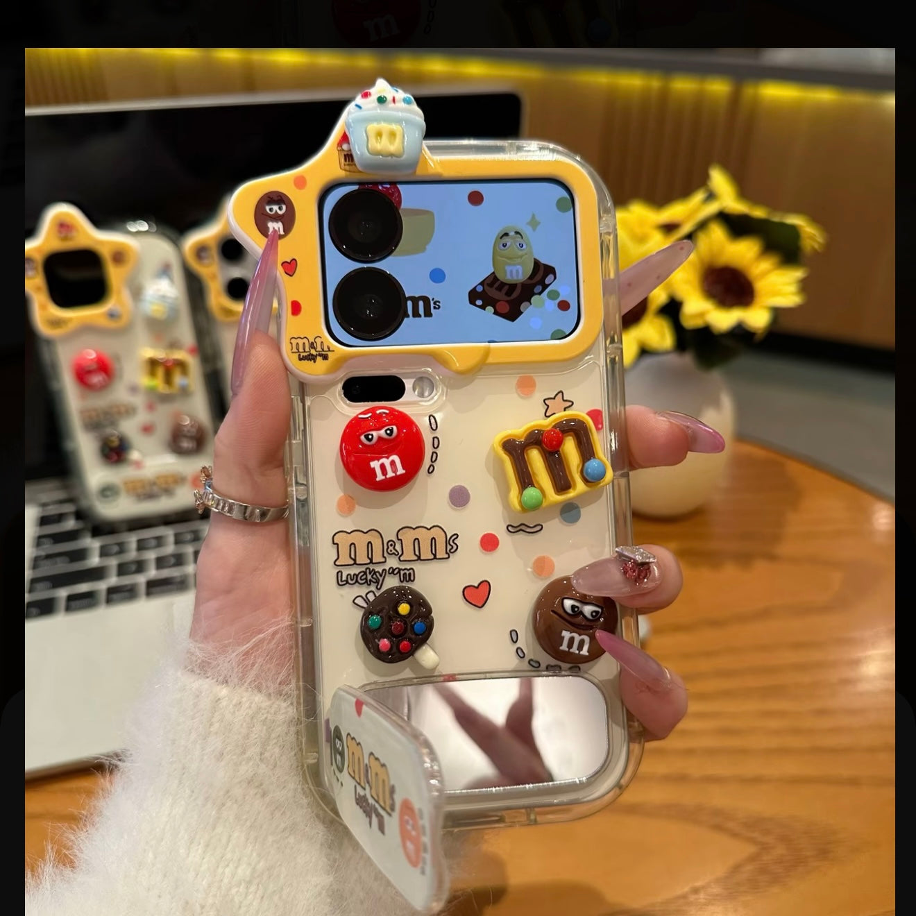 Cute 3D M&M’s Candy Phone Case with Star Camera Frame, Clear TPU Anti-Fall Cover with Foldable Stand & Mirror for iPhone