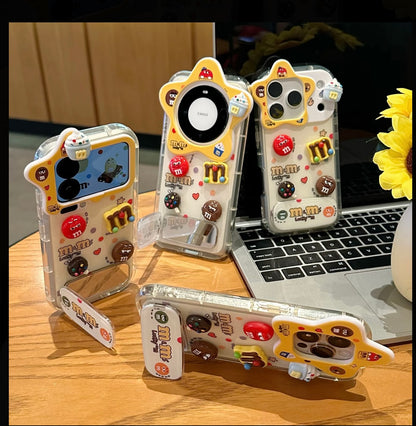 Cute 3D M&M’s Candy Phone Case with Star Camera Frame, Clear TPU Anti-Fall Cover with Foldable Stand & Mirror for iPhone