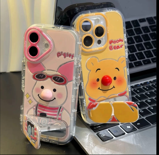 Disney Winnie the Pooh & Piglet Phone Case with Multi-Angle Mirror Stand, Clear Anti-Scratch Cover for iPhone