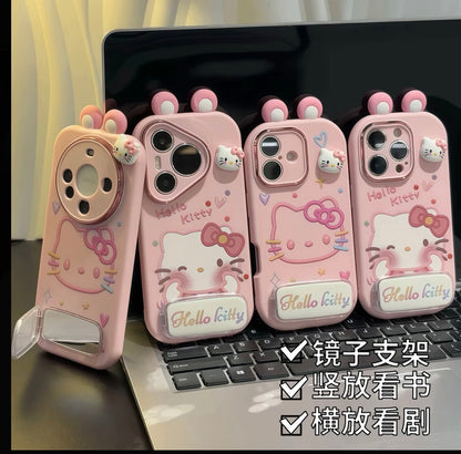 Cute Sanrio Hello Kitty Phone Case with Flip Mirror & Bracket, Soft Silicone Anti-Drop Case for iPhone