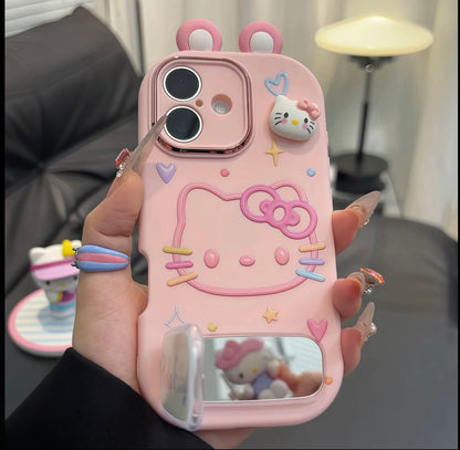 Cute Sanrio Hello Kitty Phone Case with Flip Mirror & Bracket, Soft Silicone Anti-Drop Case for iPhone