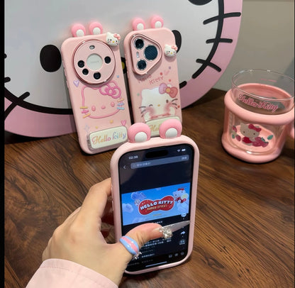 Cute Sanrio Hello Kitty Phone Case with Flip Mirror & Bracket, Soft Silicone Anti-Drop Case for iPhone