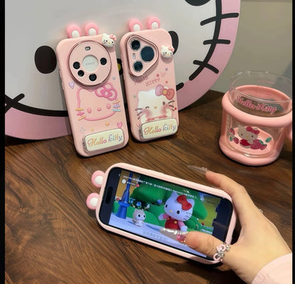 Cute Sanrio Hello Kitty Phone Case with Flip Mirror & Bracket, Soft Silicone Anti-Drop Case for iPhone