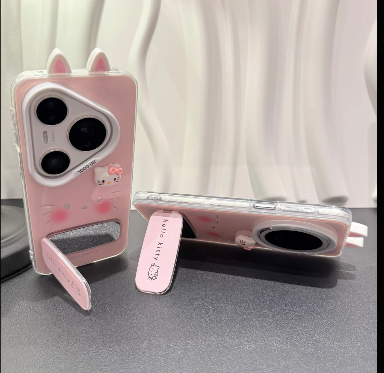 Cute Sanrio Hello Kitty Phone Case with 3D Cat Ears & Foldable Bracket, Shockproof TPU Case for Girls