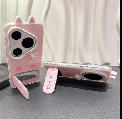 Cute Sanrio Hello Kitty Phone Case with 3D Cat Ears & Foldable Bracket, Shockproof TPU Case for Girls