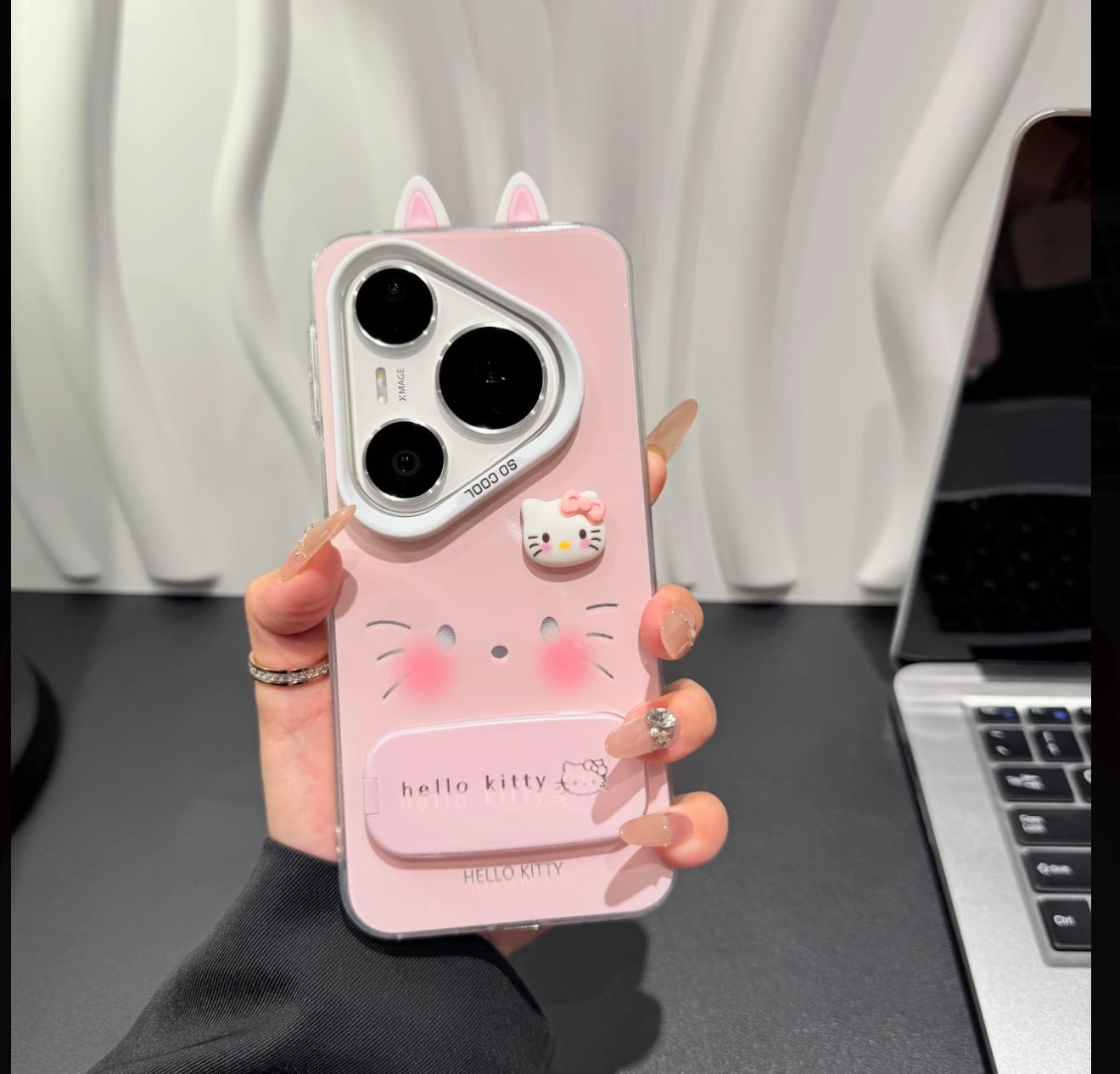 Cute Sanrio Hello Kitty Phone Case with 3D Cat Ears & Foldable Bracket, Shockproof TPU Case for Girls