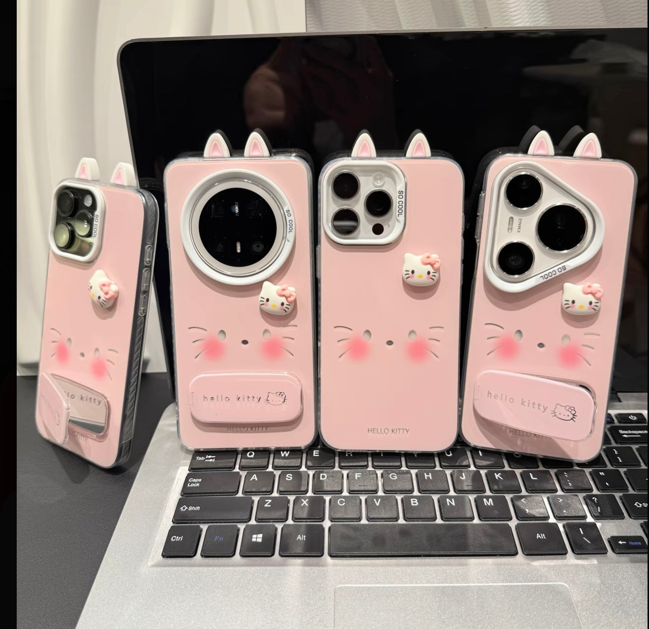 Cute Sanrio Hello Kitty Phone Case with 3D Cat Ears & Foldable Bracket, Shockproof TPU Case for Girls