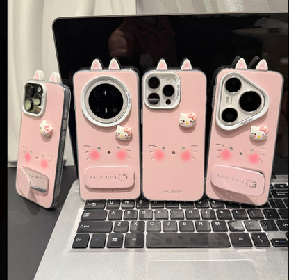 Cute Sanrio Hello Kitty Phone Case with 3D Cat Ears & Foldable Bracket, Shockproof TPU Case for Girls