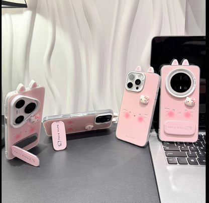 Cute Sanrio Hello Kitty Phone Case with 3D Cat Ears & Foldable Bracket, Shockproof TPU Case for Girls
